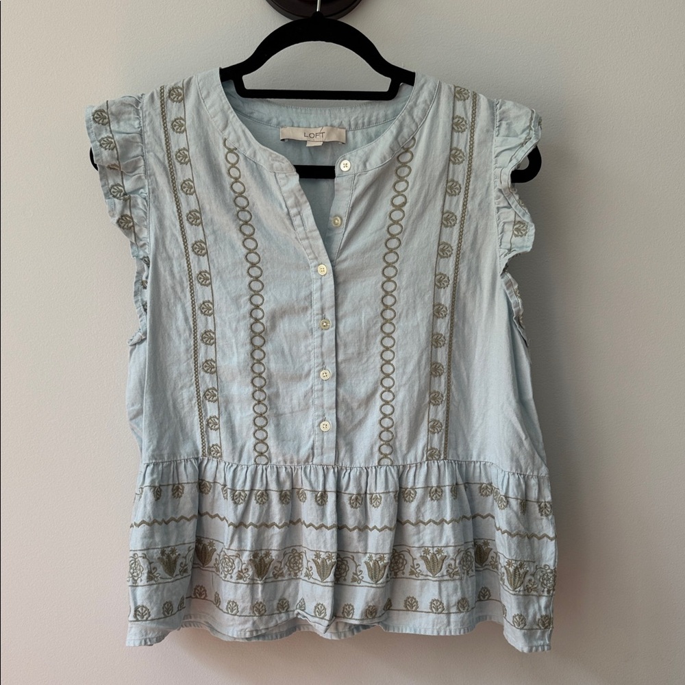 LOFT Light Blue Embroidered Ruffle Blouse